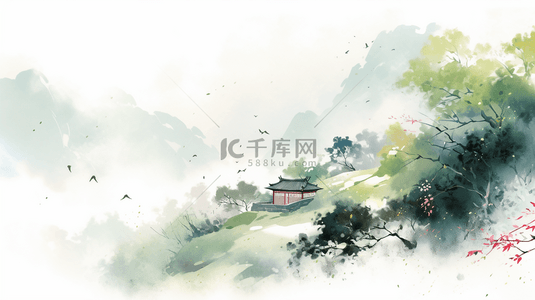 水上滑板插画背景图片_中国水墨画山水风景水墨山水插画海报背景