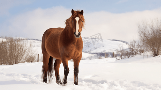 棕马摄影照片_白天白雪覆盖的地面上的棕马