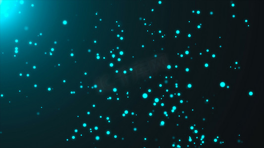 光线中的蓝色闪烁粒子，计算机生成的抽象背景，3D 渲染