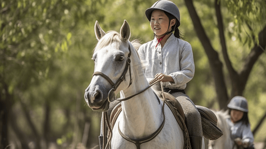 骑马放羊摄影照片_林荫路上帅气的女孩骑着马
