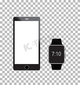 透明背景上的智能手机和数字智能手表图标