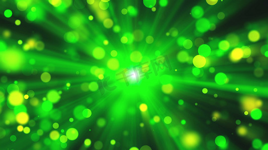 模糊的绿灯作为太阳光线和闪耀粒子，具有散景效果、3d 渲染、计算机生成的背景