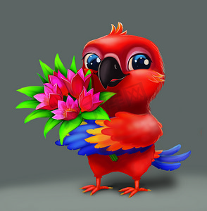 可爱的长尾小鹦鹉为爱献花-快乐卡通人物
