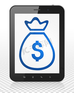 货币概念： Tablet Pc 计算机与钱袋子上显示