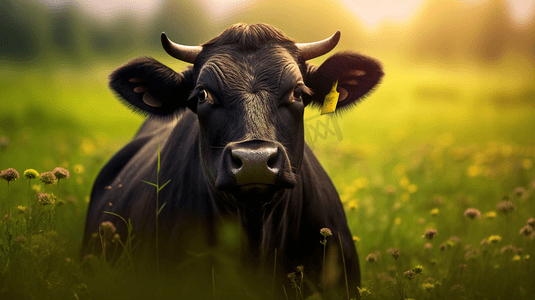 白天绿草地上的黑牛