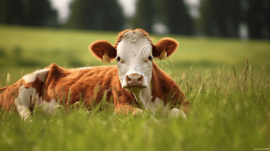 躺在草地上的棕白相间的奶牛