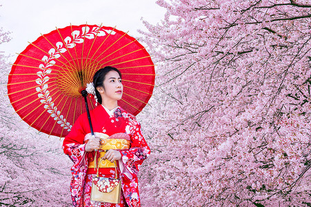 日本花艺摄影照片_日本春天穿着日本传统和服和樱花的亚洲女性。