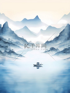 山水画背景图片_水墨蓝色朦胧山水船山水画古风笔触淡雅