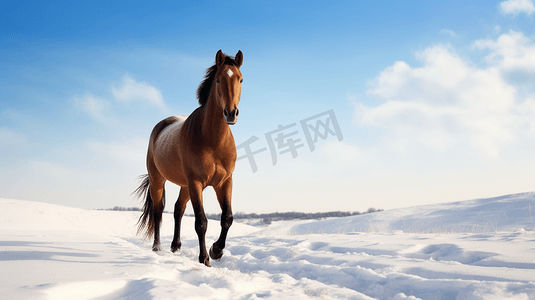棕马摄影照片_白天白雪覆盖的地面上的棕马