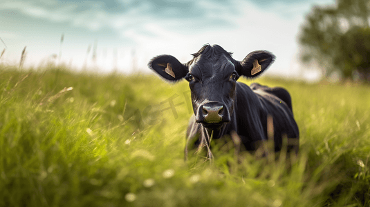 黑牛摄影照片_白天绿草地上的黑牛