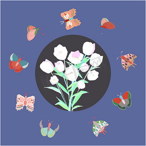 带郁金香和蝴蝶边框的圆形框架。