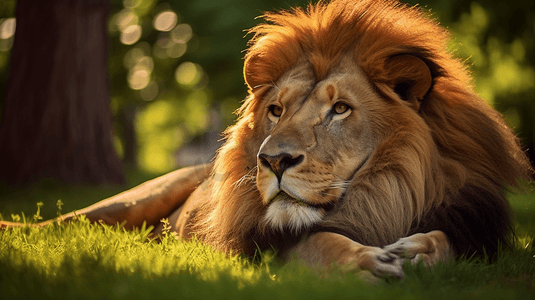 躺摄影照片_白天躺在绿草地上的狮子