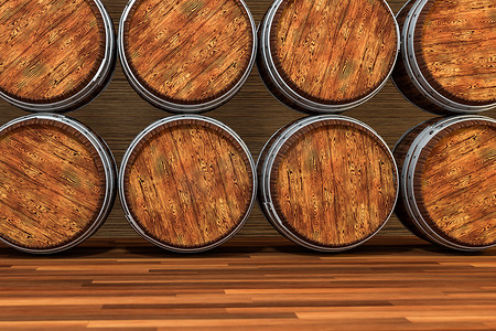 暖色背景摄影照片_具有暖色背景、3d 渲染的木制酒厂桶