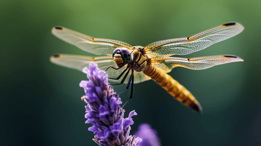 棕色和黑色的蜻蜓栖息在紫色的花朵上，白天的特写摄影