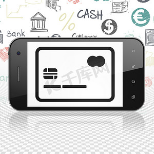 货币概念：有信用卡的智能手机在显示