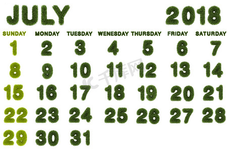 2018 年 7 月在白色背景上的日历，3d 渲染绿色 gr