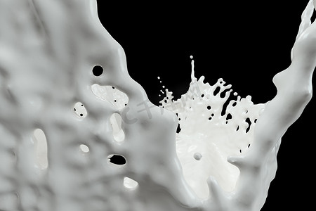 纯度溅牛奶黑色背景，3d 渲染。