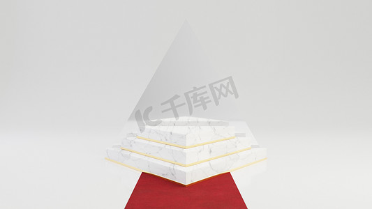 产品台阶摄影照片_三角形大理石基座台阶，带圆形金色框架，镜子和红地毯隔离在白色背景上。