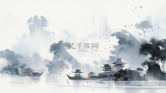 中国传统插画背景图片_中国水墨画山水风景水墨山水插画海报背景