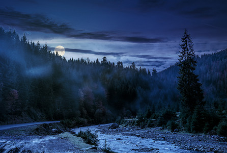 夜间有雾的森林中有河流的山谷