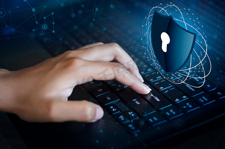 按键盘计算机上的输入按钮 Shield cyber Key lock security system 抽象技术世界数字链接网络安全高科技深蓝色背景，输入密码登录。锁定手指键盘