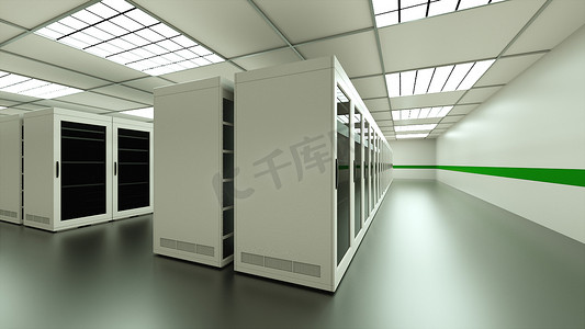 数据中心、网络和互联网电信技术、数据存储和云服务概念、3d 渲染中的大型服务器机房内部