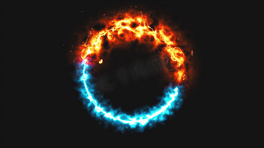 空间中明亮的动态火和冰环，这是相反的符号，3d 渲染，计算机生成的背景