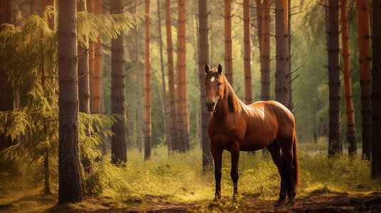站在长满树木的森林旁的一匹棕马