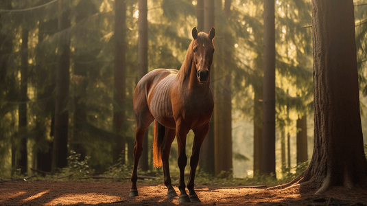 站在长满树木的森林旁的一匹棕马