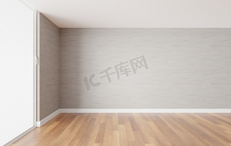 空房间内部 3d 渲染，木地板和浅灰色墙壁，