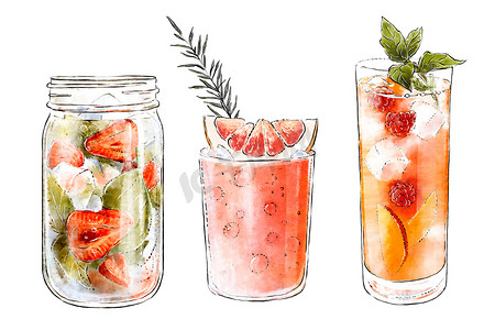 一套五颜六色的手绘插图，用漂亮的眼镜制作美味的 fsummer 鸡尾酒，配以新鲜水果和冰块。