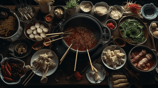 火锅串串特写摄影照片_火锅店沸腾的火锅和菜品特写