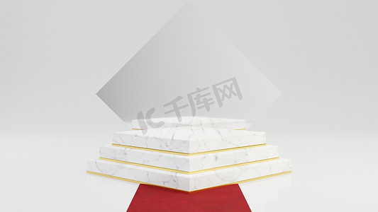 菱形大理石基座台阶，圆形金色框架，镜子和红地毯隔离在白色背景上。