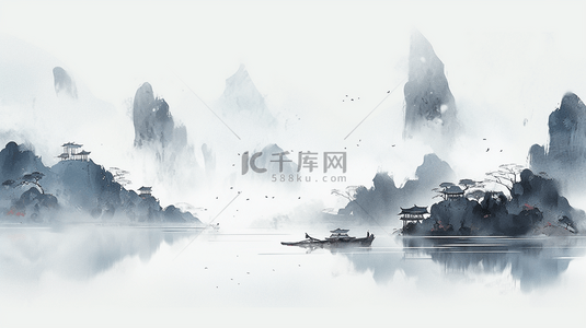 中国传统插画背景图片_中国水墨画山水风景水墨山水插画海报背景