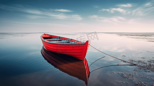安静的水面和一艘红船