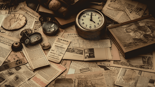 小报摄影照片_复古老旧英文报纸和钟表