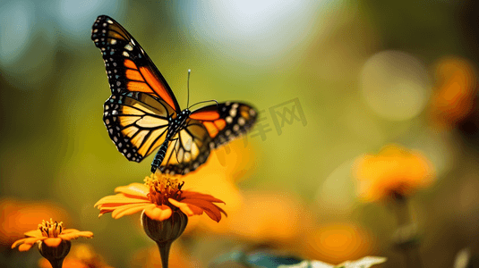 蝴蝶摄影摄影照片_蝴蝶在橙色花瓣上的选择性聚焦摄影