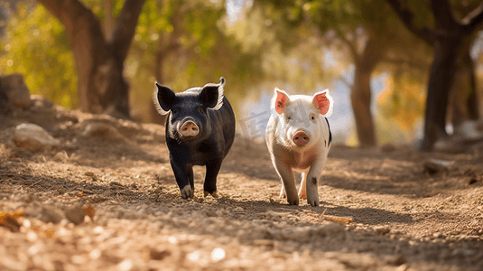 白天两头白黑相间的猪在树旁散步