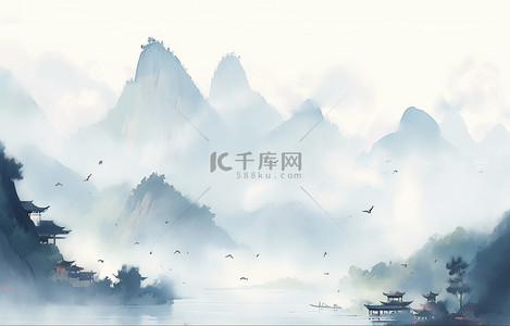 水彩背景图片_水彩中国风清明节清明古风山水海报背景
