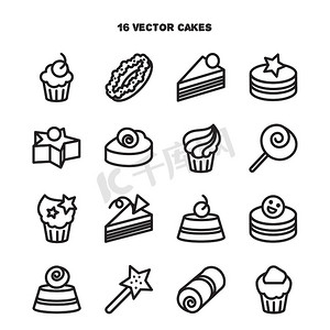 面包店和蛋糕图标的集合。