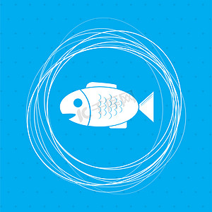 蓝色背景上的鱼图标，周围有抽象圆圈，并为您的文本放置。