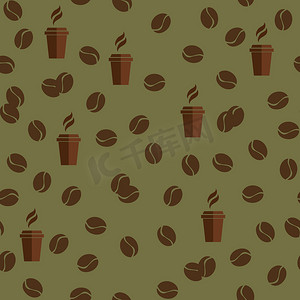咖啡豆图标摄影照片_茶或咖啡杯无缝模式与咖啡豆或玉米。