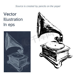 矢量明亮手绘旧留声机