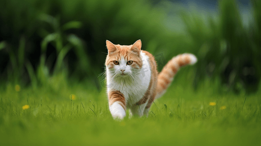 白天走在绿色草地上的橙色和白色的猫