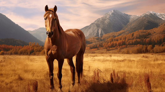 棕马摄影照片_棕色地面上的棕马，以山为背景