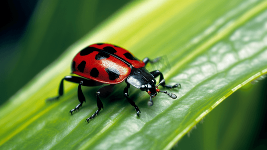 绿叶上的红黑相间的甲虫