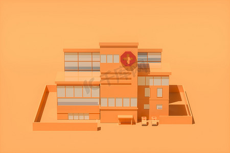 拼接摄影照片_具有橙色背景、抽象概念、3d 渲染的医院模型。