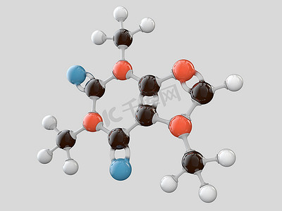 咖啡因分子模型的 3d 插图分离灰色背景