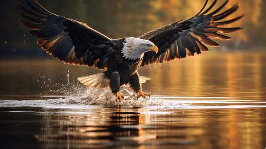 老鹰在平静的水面上钓鱼