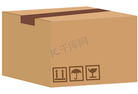 带有易碎标志的棕色封闭纸箱送货包装盒是